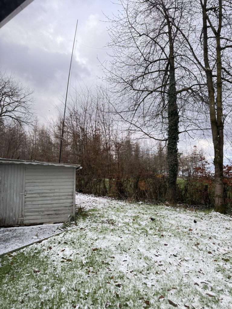 End-fed antenna mast in the snowy garden