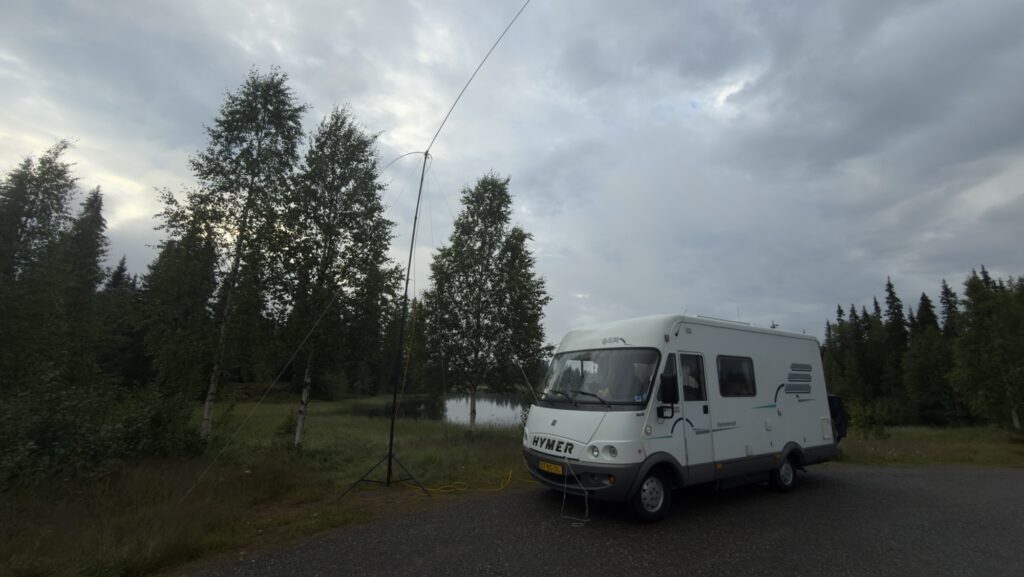 Mobile home and fishing rod antenna in the Finnish forest