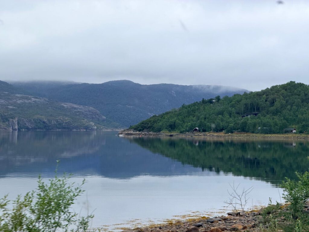 Fjord in northern Norway with mirror-calm water