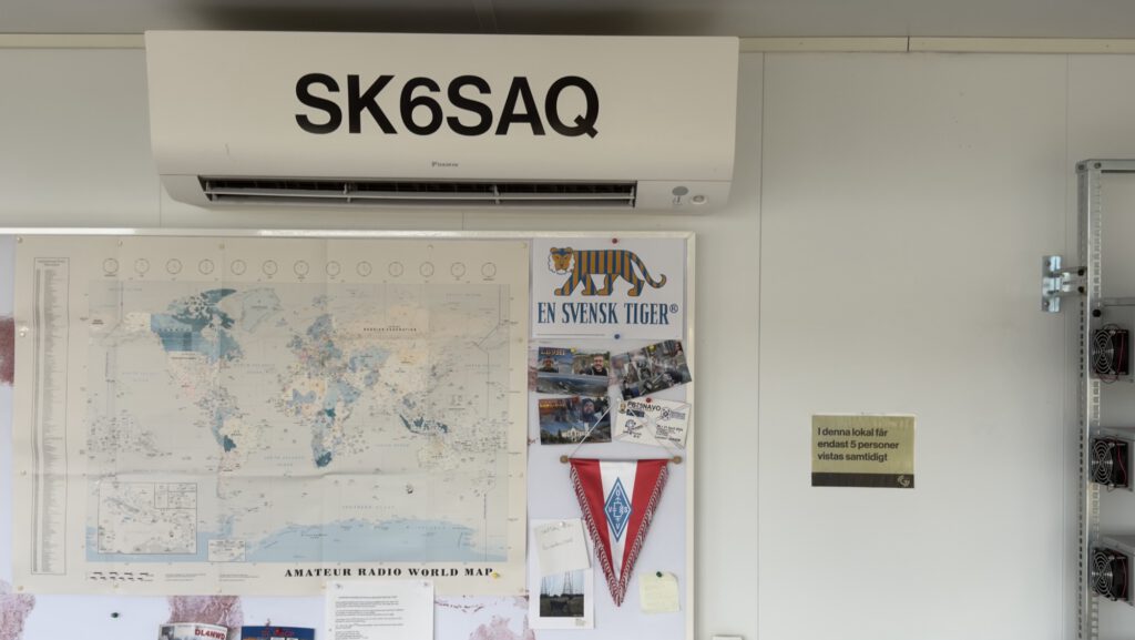 The SK6SAQ amateur radio shack with world map
