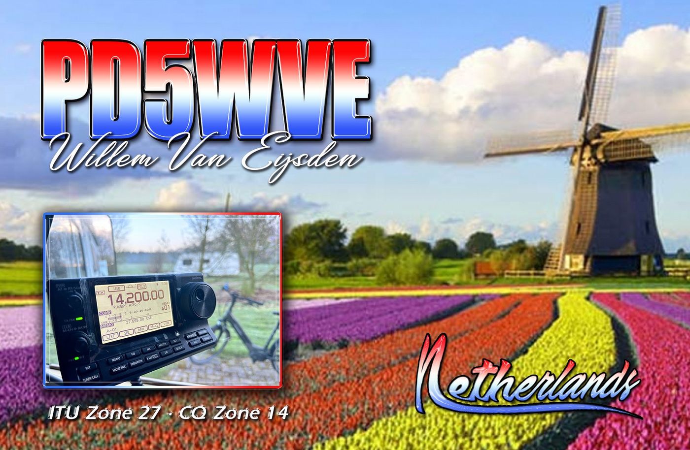 QSL card of PD5WVE: windmill and tulip fields, IC-705 in the mobile home