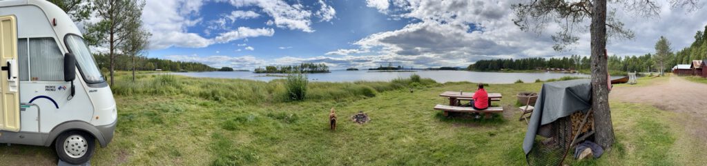 Panorama of the camper spot at Lake Siljan